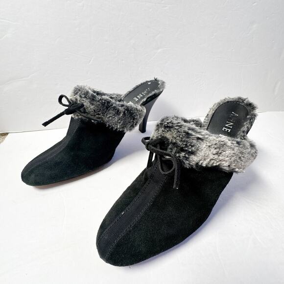 Vintage Anne Klein New York Black Suede Faux Fur Mule Heels Italy 90s Y2K 9.5 - Picture 2 of 9